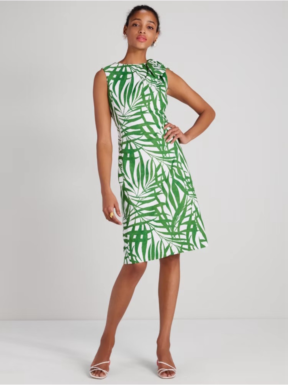 kate spade Amelia White and Green Palm-Print Sleeveless Shift Midi Dress